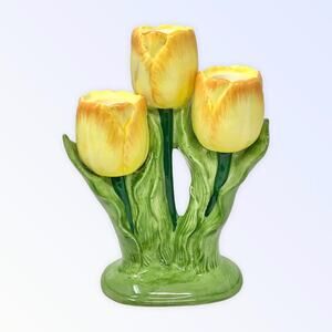 Vintage  3 Candlestick Holder Yellow Tulips Ceramic by Henriksen Imports